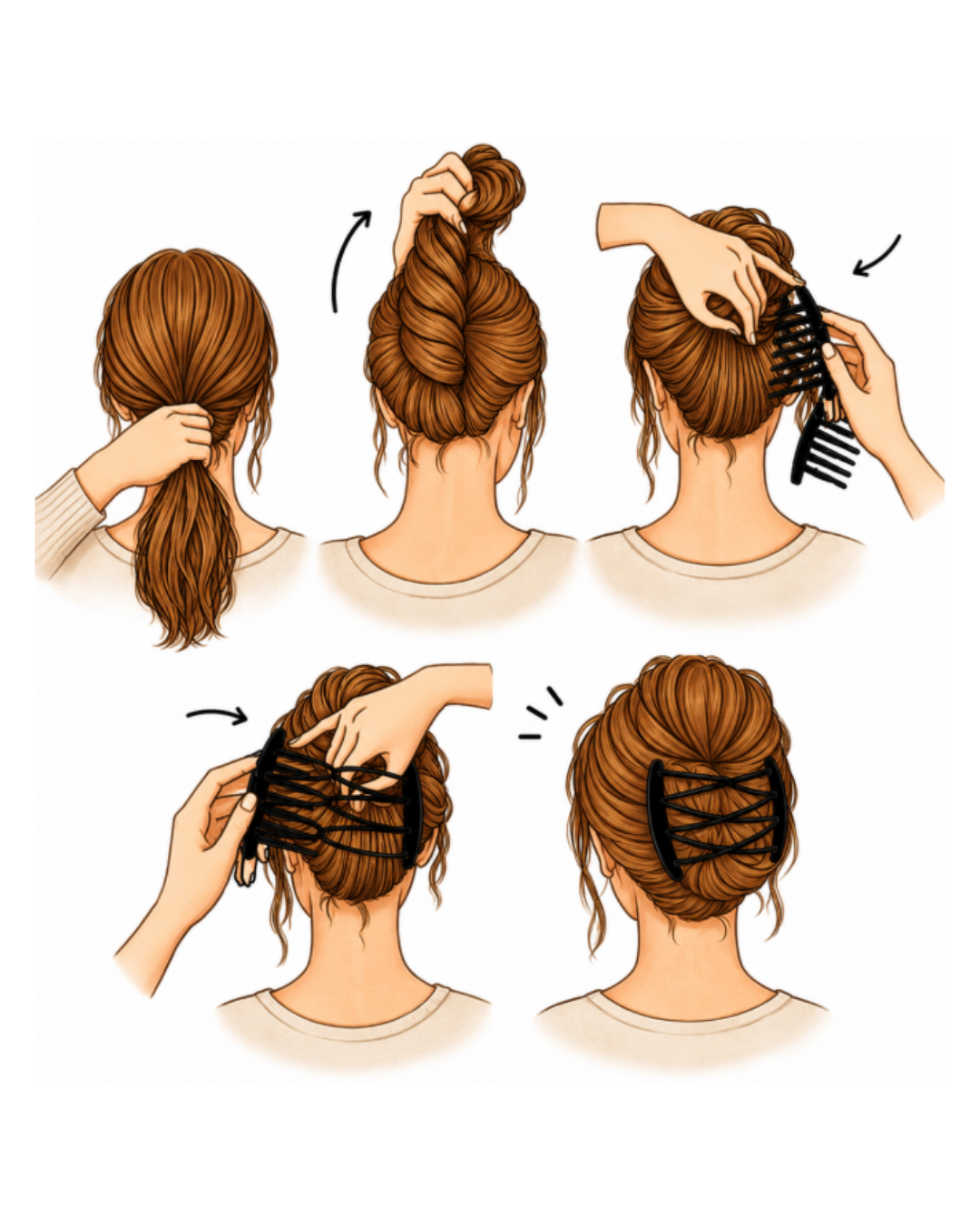 Five-step illustration showing how to put in the Halo Comb