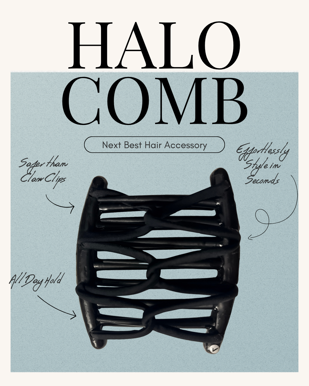 Halo Comb flat lay showing its flexible frame and interlocking prongs